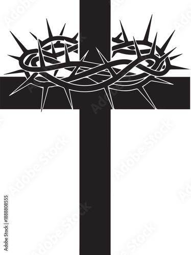 Black silhouette of cross adorned with crown of thorns illustration vector