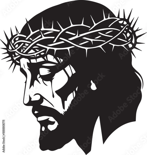 Jesus Christ profile with crown of thorns silhouette distressed religious vector art
