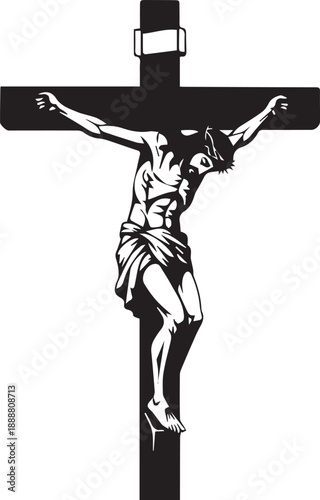 Jesus Christ crucifixion on cross detailed muscular silhouette religious vector art