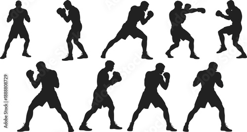 Silhouettes of boxers in dynamic fighting stances, showcasing punching techniques, defensive poses, and athletic movement for boxing training, fitness, and sports illustration.