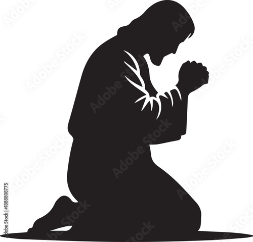 Man kneeling silhouette praying in devotion gesture vector illustration
