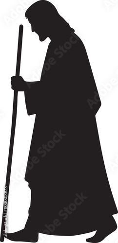 Silhouette of shepherd man walking with long staff illustration vector