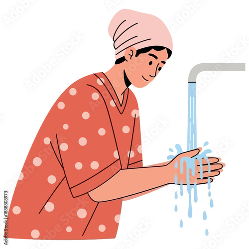 A person wearing a pink headscarf and a polka dot shirt washes their hands under a faucet with flowing water hand washing hygiene cleanliness personal care