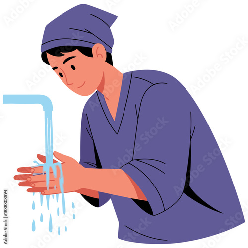 A young man wearing a blue head covering and tunic washes his hands under a stream of clean water flowing from a faucet washing hands hygiene personal care
