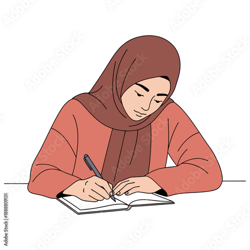 A young woman wearing a hijab engrossed in writing in an open notebook with a pen in her hand detailed illustration study education learning creative female