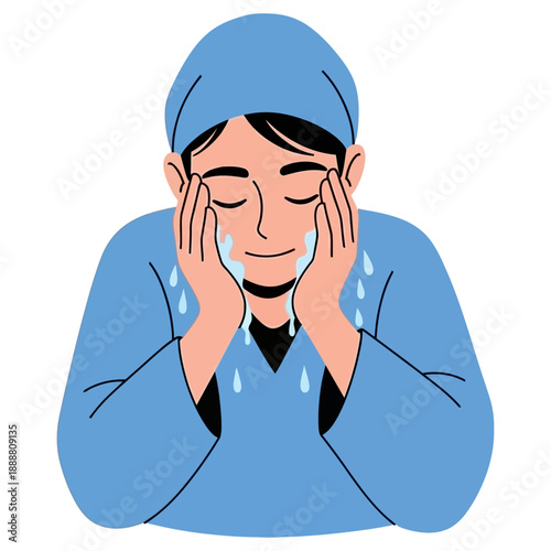 Person wearing a blue surgical cap and scrubs washes their face with water with droplets falling down washing face water droplets skincare hygiene personal care