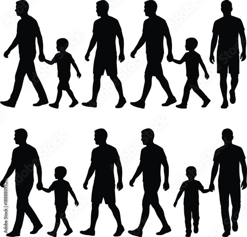 Human walking silhouettes showing adult and child figures in sequence, family generations concept, father and son holding hands, minimal black vector illustration