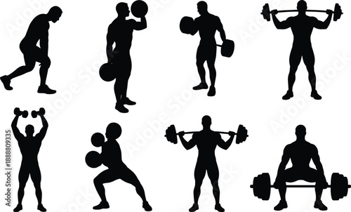 Silhouettes of individuals performing dumbbell and barbell exercises, showcasing strength, posture, and motion for fitness training, gym workout visuals, and wellness content.