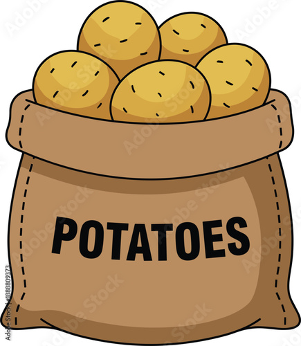 Illustrated sack of fresh potatoes in rustic burlap bag, farm harvest concept, organic vegetables icon, simple flat style, agriculture food supply illustration