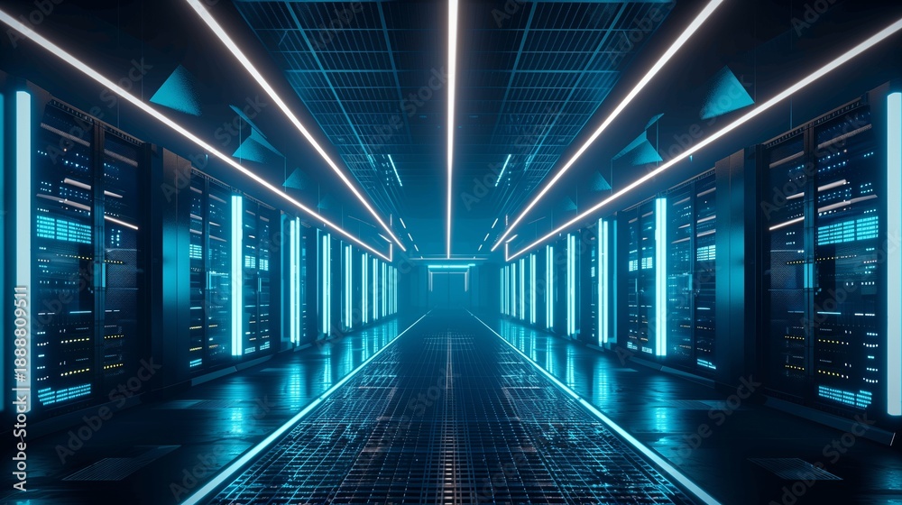 Fototapeta premium Futuristic supercomputer with glowing blue lights in a high-tech minimalist environment, showcasing advanced technology and innovation with ample copy space for design. 