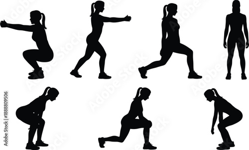 Silhouettes of individuals performing lower body exercises including squats, lunges, and stretches, ideal for fitness training, workout planning, and health-related visual content.