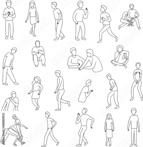 Minimal blue line art illustration set of diverse people in different poses, walking, sitting, talking and running, modern human character outline collection