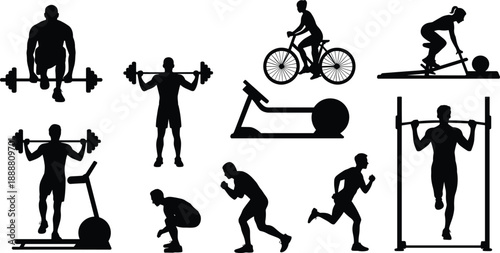 Silhouettes of individuals performing various fitness exercises including cardio, strength, and flexibility training, ideal for gym, wellness, and health-related visual content.