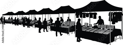 Outdoor, street, market, silhouettes, set, retail, festival, tents, stalls, people, shopping, business, vendor, commerce, local, trade, event, vector, illustration, isolated, fair, urban,