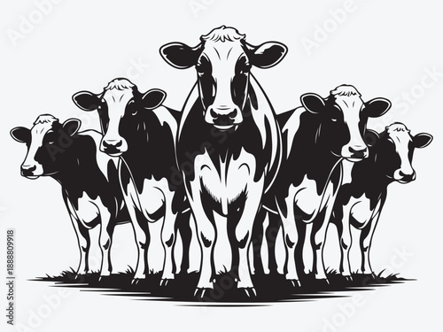 Cute cartoon illustration of a dairy cow and calf with a bull on a green farm meadow, featuring isolated flat vector silhouettes of black and white cattle livestock in a nature landscape