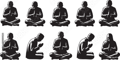 Silhouette of people meditating in various yoga positions together