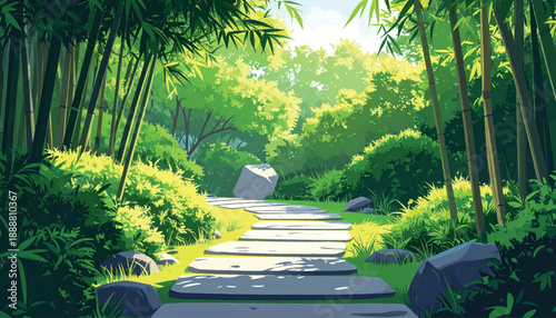 Bamboo pathway with large stones and lush greenery. Scenic bamboo trail with stones and rich natural surroundings. Serene bamboo path surrounded by rocks and vibrant greenery