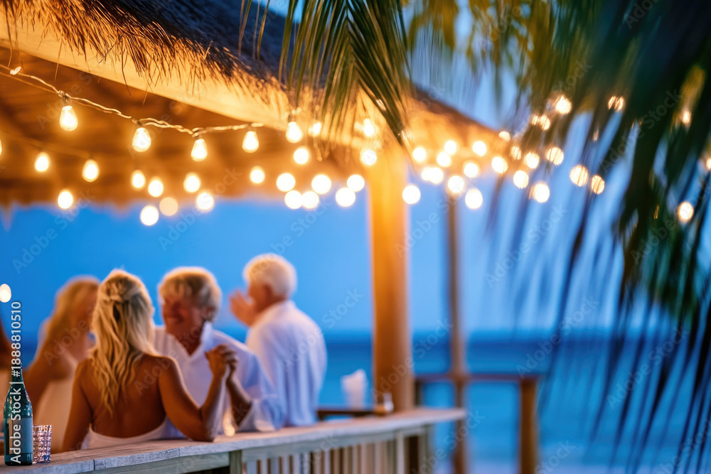 Naklejka premium Happy senior couple dancing outdoors under twinkling string lights at dusk