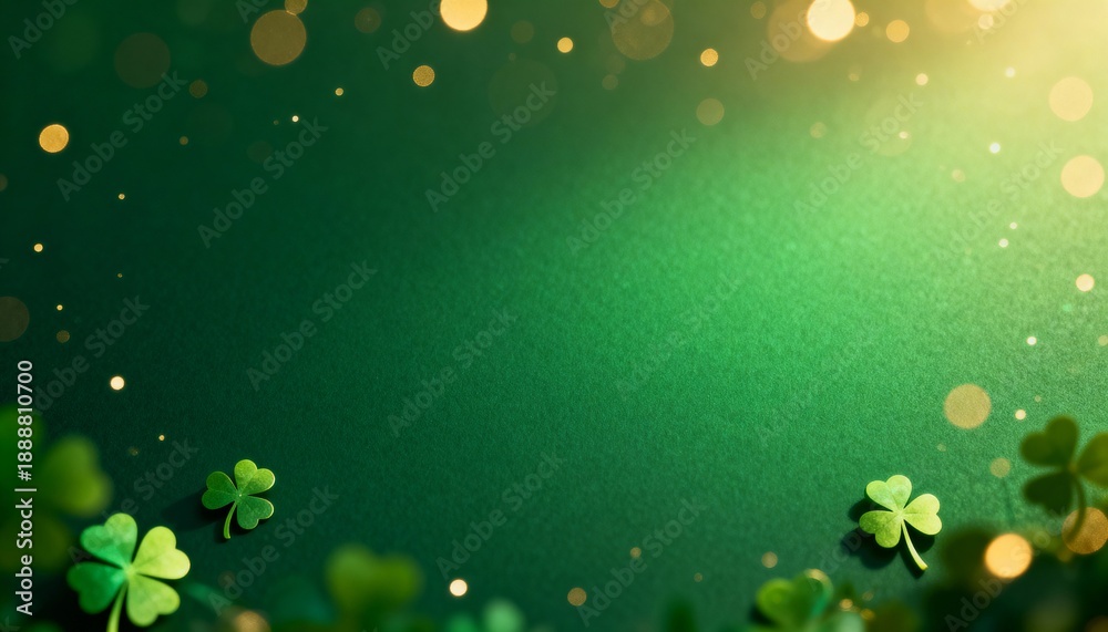 Fototapeta premium St. Patrick's Day background with green shamrocks and golden bokeh lights. Festive Irish holiday backdrop with copy space. Lucky clover and gold glitter on green textured paper