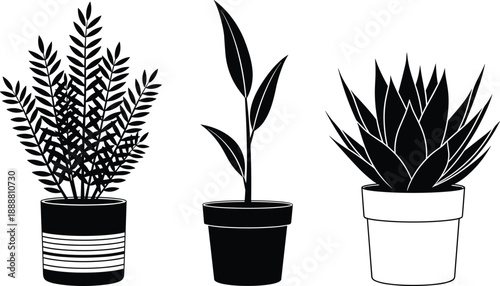 Potted houseplant silhouettes set, indoor garden plants vector icons, botanical greenery in pots, decorative home flora elements, isolated black plant illustration collection,