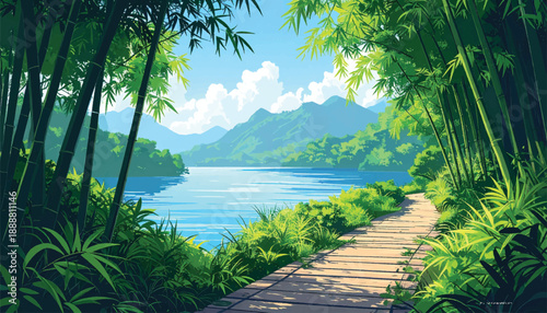 Bamboo trail with stone accents beside calm river and green foliage. Pathway through bamboo forest with stones and tranquil water view. Serene bamboo path surrounded by rocks and lush greenery