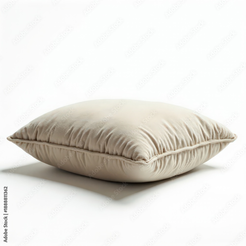 Obraz premium Plush beige velvet cushion with piped edging, ideal for cozy interior design mockups and soft furnishing promotions.