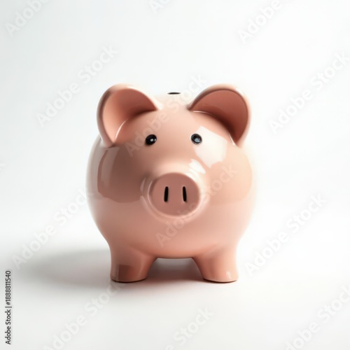 Classic pink ceramic piggy bank isolated on a clean white background, symbolizing savings and financial planning.