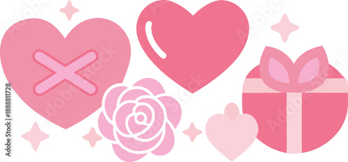 Sweet pink hearts, rose, and gift box with sparkle accents