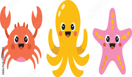 Cute sea animals cartoon vector set with smiling crab, octopus, and starfish characters, colorful kawaii marine life illustration isolated on white background
