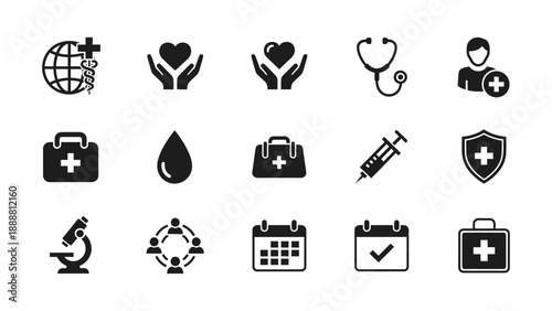 Collection of healthcare and medical icons including stethoscope, syringe, first aid kit, blood drop, microscope, and calendar