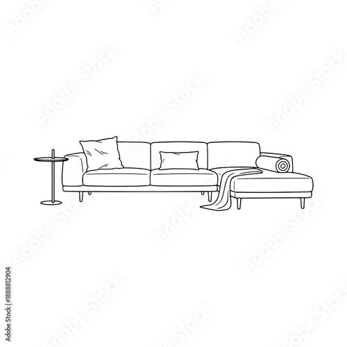 Minimalist line art illustration of a modern sectional sofa with chaise lounge, side table, and pillows, black and white furniture sketch.