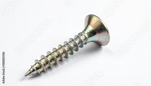 Single metallic self-tapping screw with wide flat head and pointed threaded shaft on white surface—evoking crafted clarity, functional rhythm, and industrial stillness in a hardware-focused compositio
