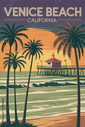 California Venice Beach Travel Poster with Venice Pier, Palm Trees and Ocean Surf, Vintage Vector Illustration, Retro Coastal Vacation Card Design