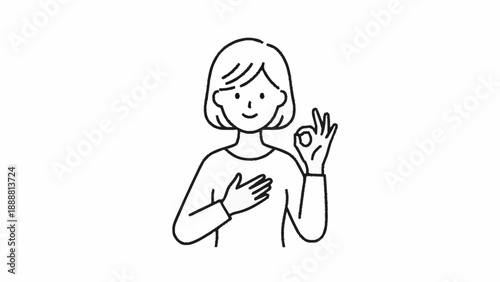 Woman Gesturing OK Sign with Hand and Chest Touch.