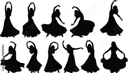 Set of black silhouettes featuring graceful female dancers in long flowing skirts performing various expressive dance movements for artistic and cultural design,
