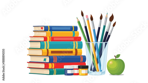 Stack of colorful books with art supplies including paint brushes in a glass jar, paints, and a green apple for education.