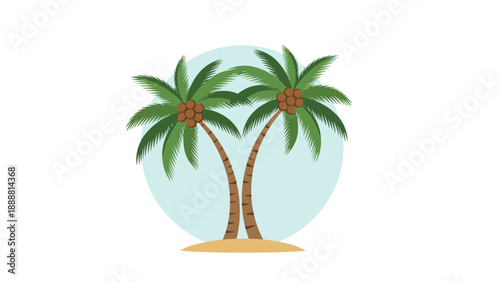 Two tropical coconut palm trees growing on a small sandy beach patch with a light blue circle backdrop for travel concept.