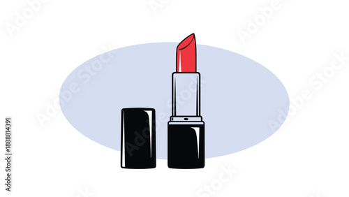 Classic red lipstick in a black tube with the cap standing next to it on a pale blue circular background for beauty concept.