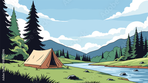 Scenic landscape illustration of a tent pitched near a river in a mountain valley with pine trees and a cloudy blue sky.