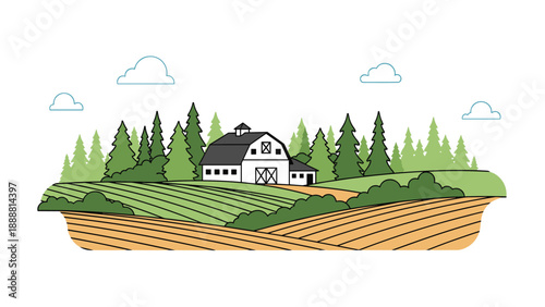 Peaceful farm landscape with a white barn and silo situated in front of a green forest with cultivated fields in foreground.