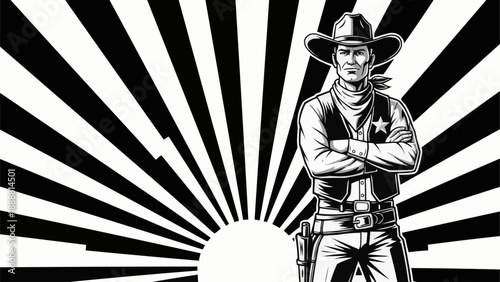 Western Cowboy Sheriff Standing Confidently Arms Crossed Illustration.