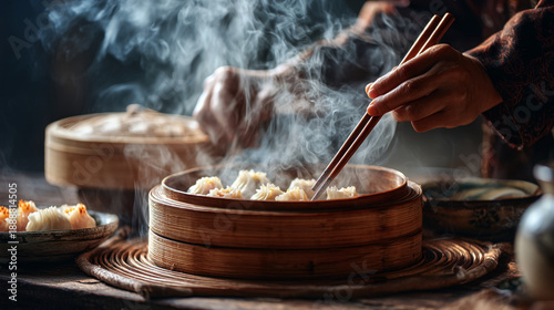 A person uses chopsticks to pick up steaming dim sum from a bamboo steamer basket on a table