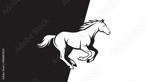 White Horse Galloping Across Black and White Background.