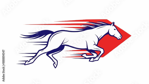 White horse running fast with motion lines and red shape.