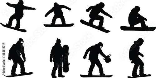 Set of black silhouettes of snowboarders jumping, riding, and performing tricks on snowboards, extreme winter sports athletes isolated on white background, vector