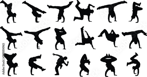 Set of breakdance silhouettes, hip hop dancer performing street dance moves, b-boy handstand and power moves, isolated vector illustration on white background,