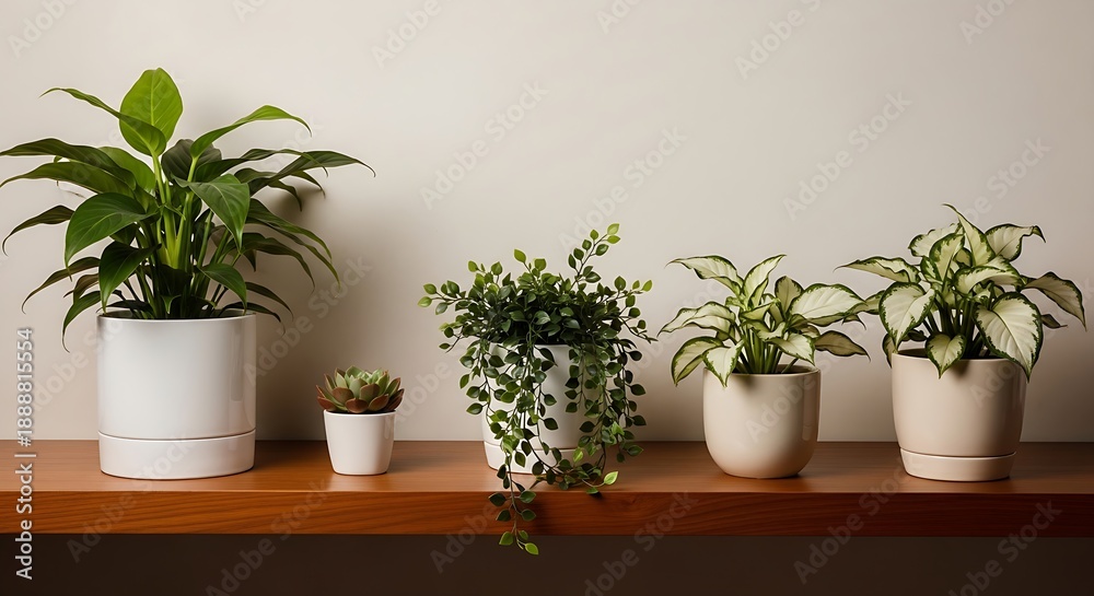 Fototapeta premium Collection of indoor houseplants on wooden shelf