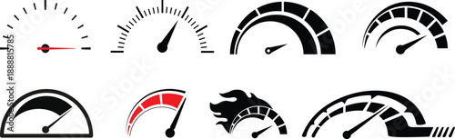 Speedometer icon set. Performance level dial bar vector illustration. Power level measure symbol. Infographic dashboard chart with arrow sign. High, medium and low risk control panel. Progress scale.
