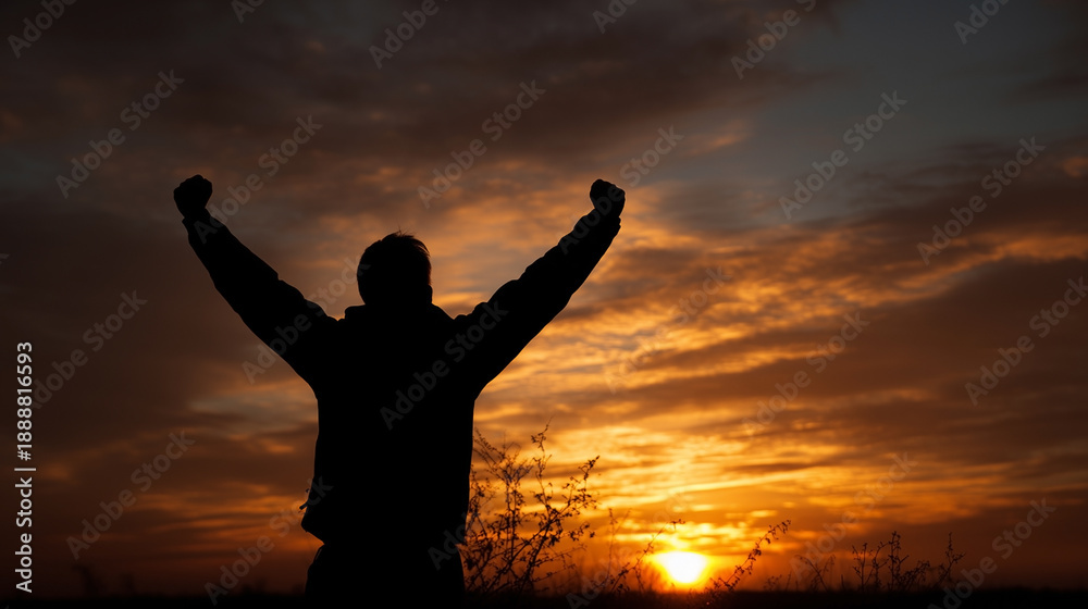 Fototapeta premium A man is standing in a field with his arms raised in the air