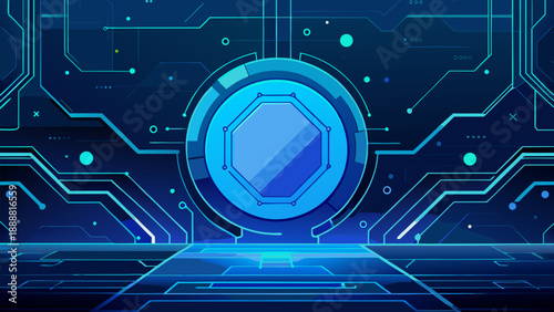 A blue digital circuit board background features a high-tech electronic motherboard design with glowing data lines and a central processor chip for modern computer network engineering